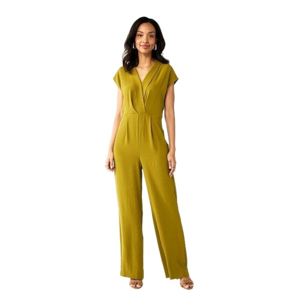 Women's Nine West Olive Green Solid V-Neck Short Sleeve Jumpsuit XL MSRP $60